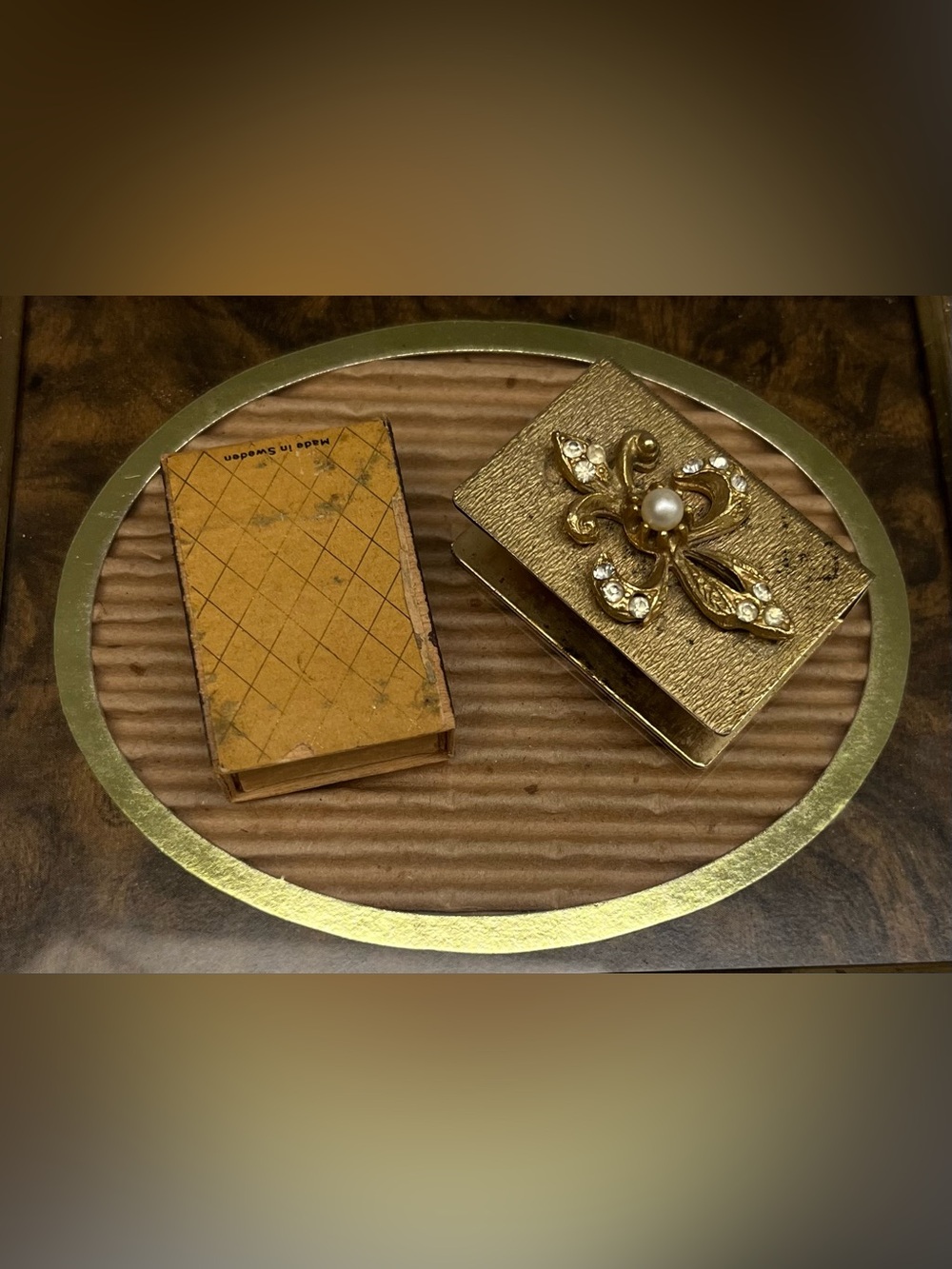 Vintage Fleur De Lis Matchbox Cover & Swedish Box – Gold Tone and Pearl